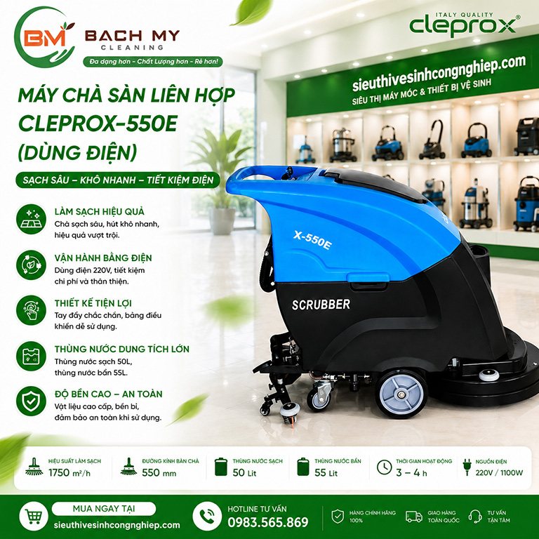 MÁY CHÀ SÀN CLEPROX X-550E: CHÀ LÀ SẠCH – HÚT LÀ KHÔ (PHIÊN BẢN DÙNG ĐIỆN)